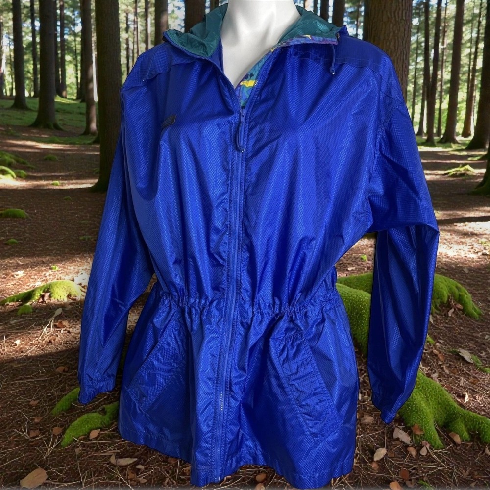 Vintage Columbia Women's Windbreaker Jacket XL Blue Green Drawstring Waist